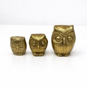 Brass Owls Vintage 1970's Set Of 3 Family Mid Century Retro Paperweights Solid